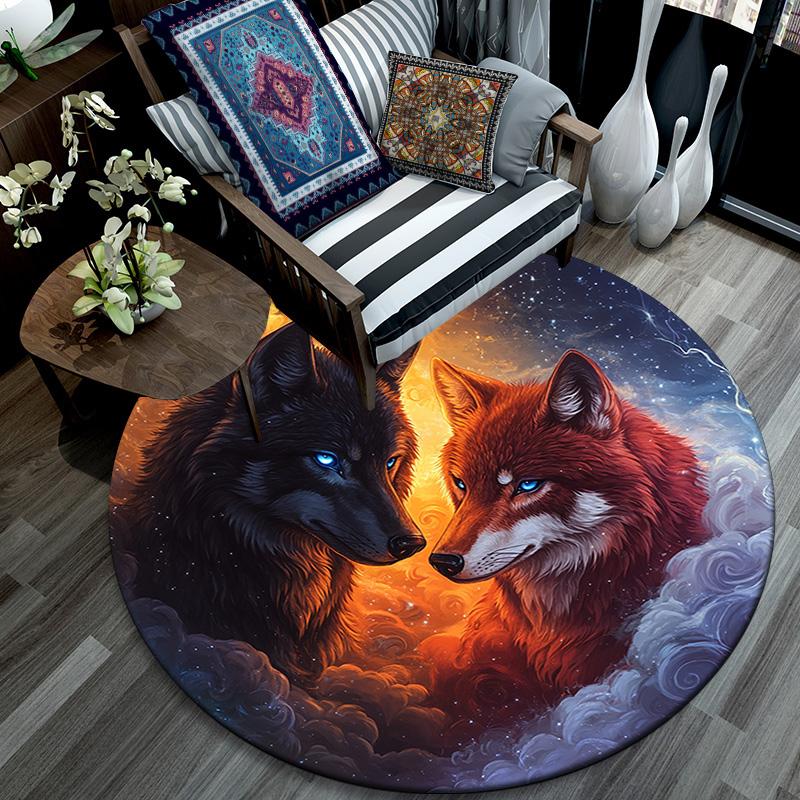Fire and Ice Wolf Round Area Rug,Carpet Rug for Living Room Bedroom Sofa Playroom Decor,Non-slip Floor Mat