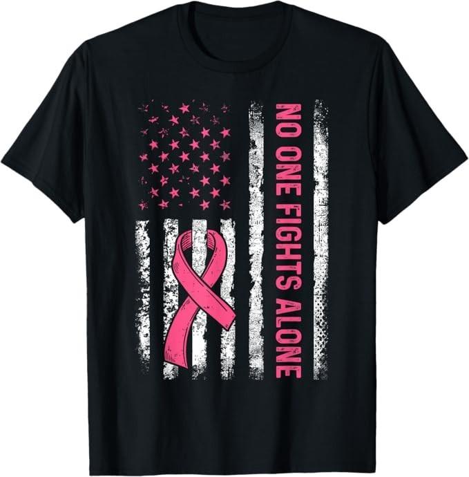No One Fights Breast Cancer Alone American Flag Pink Ribbon T-Shirt