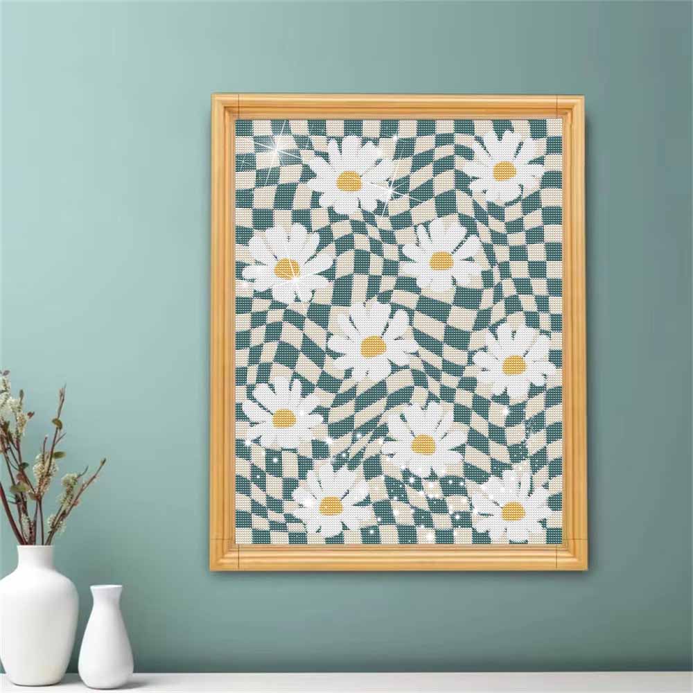 DIY 5D Diamond Art Kit Wavy Checkerboard Daisy Flower Pattern Sparkling Rhinestone Canvas for Bedroom Living Room Decor