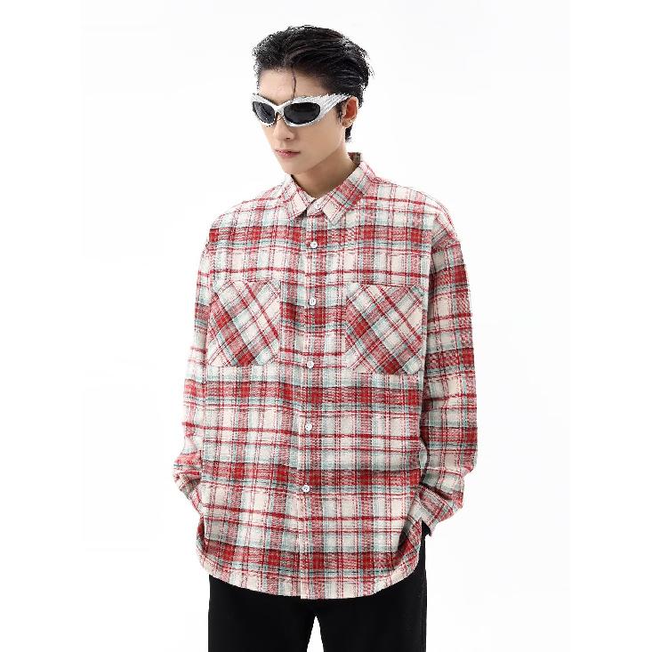 Americká retro kostkovaná košile Pánská jarní a podzimní pouliční trend Volný pár Ležérní košile s dlouhým rukávem Kabát