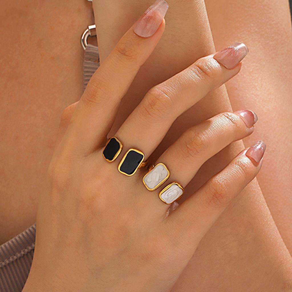 Stainless Steel White Dripping Oil Opened Ring for Women Square Vintage Gold Color Geometric Adjustable Finger Ring Jewelry