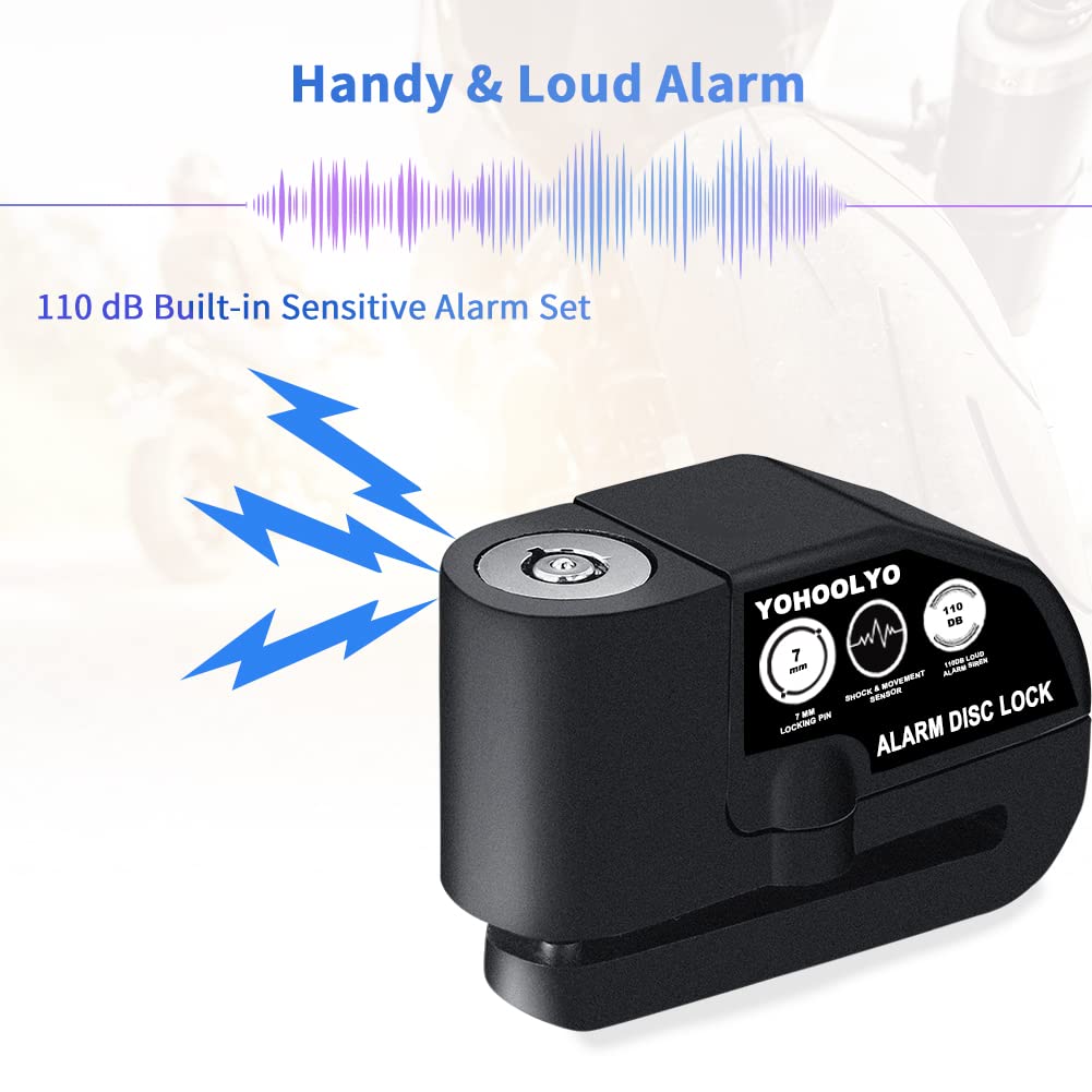 YOHOOLYO Alarm Disc Motorcycle Disc Brake 7mm 5ft Reminder for and Carrying Pouch Lock, Lock, Anti-Theft, Waterproof, 110dB, Pin, Cable, Motorcycles,