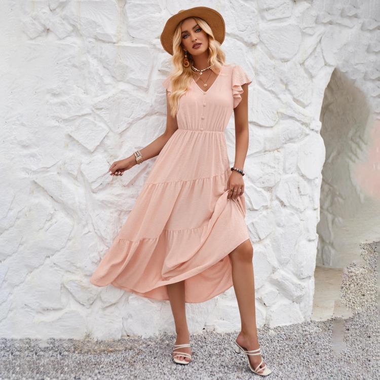 Vestido Feminino de Verão Casual Decote V Slim Cor Sólida Linha A Cintura Alta Camadas Vestidos Longos Primavera Manga Curta Folha de Lótus S-XL