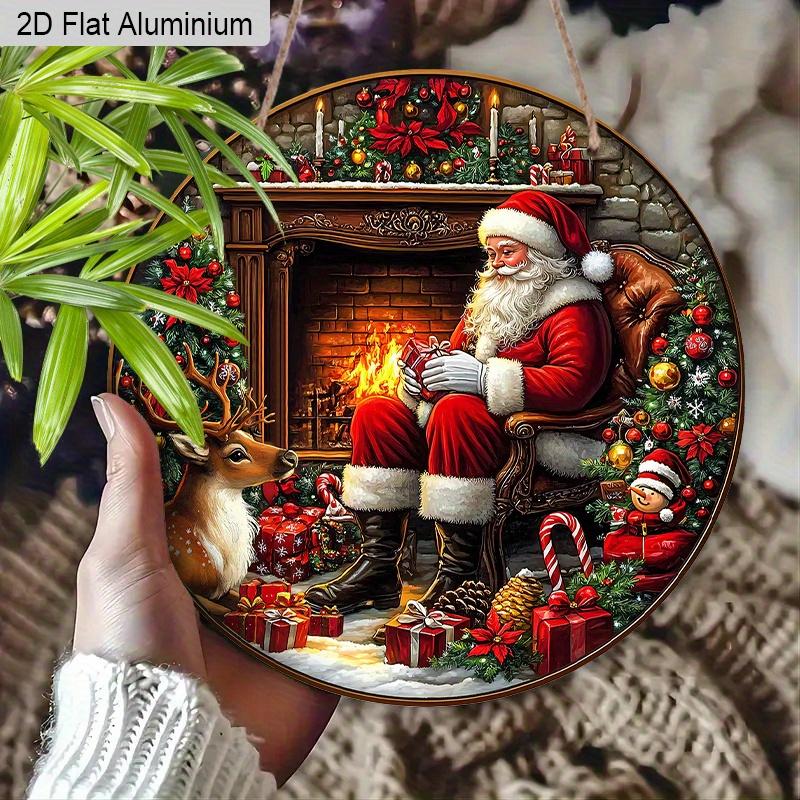 2D Flat Aluminium Merry Christmas Sign with Santa Claus & Fireplace Pattern - Warm Winter Figurine Ornaments - Ideal for Front Door, Wall, Porch