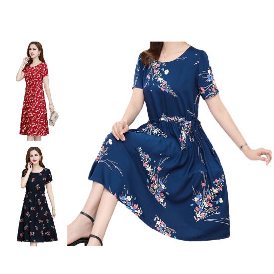 Women's Floral Print Summer Dress Boho Short Sleeve Crew Neck Midi Dress