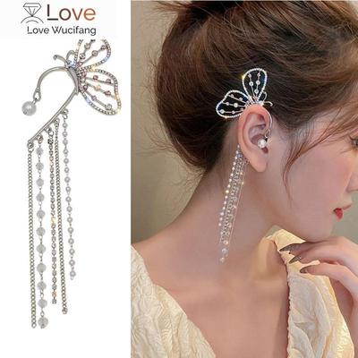 Fashion Crystal Butterfly Clip On Earring Pearl Bead Ear Cuff Long Tassels Charm Hollow Earrings Women Clip Jewelry Gift