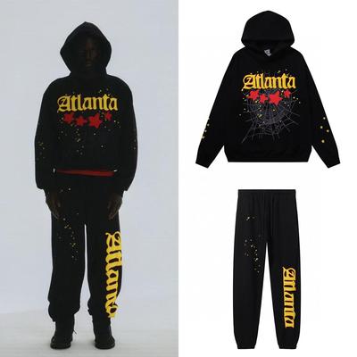 American Trend Spider Web Print Terry Cloth Hoodie and Sweatpants Set for Men and Women