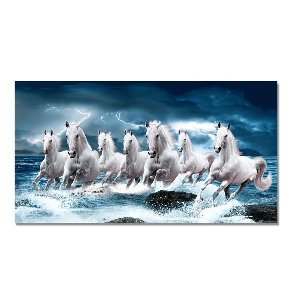 

7 White Running Horses Canvas Painting Animal Posters and Prints Wall Art Picture 20x40cm No Framed