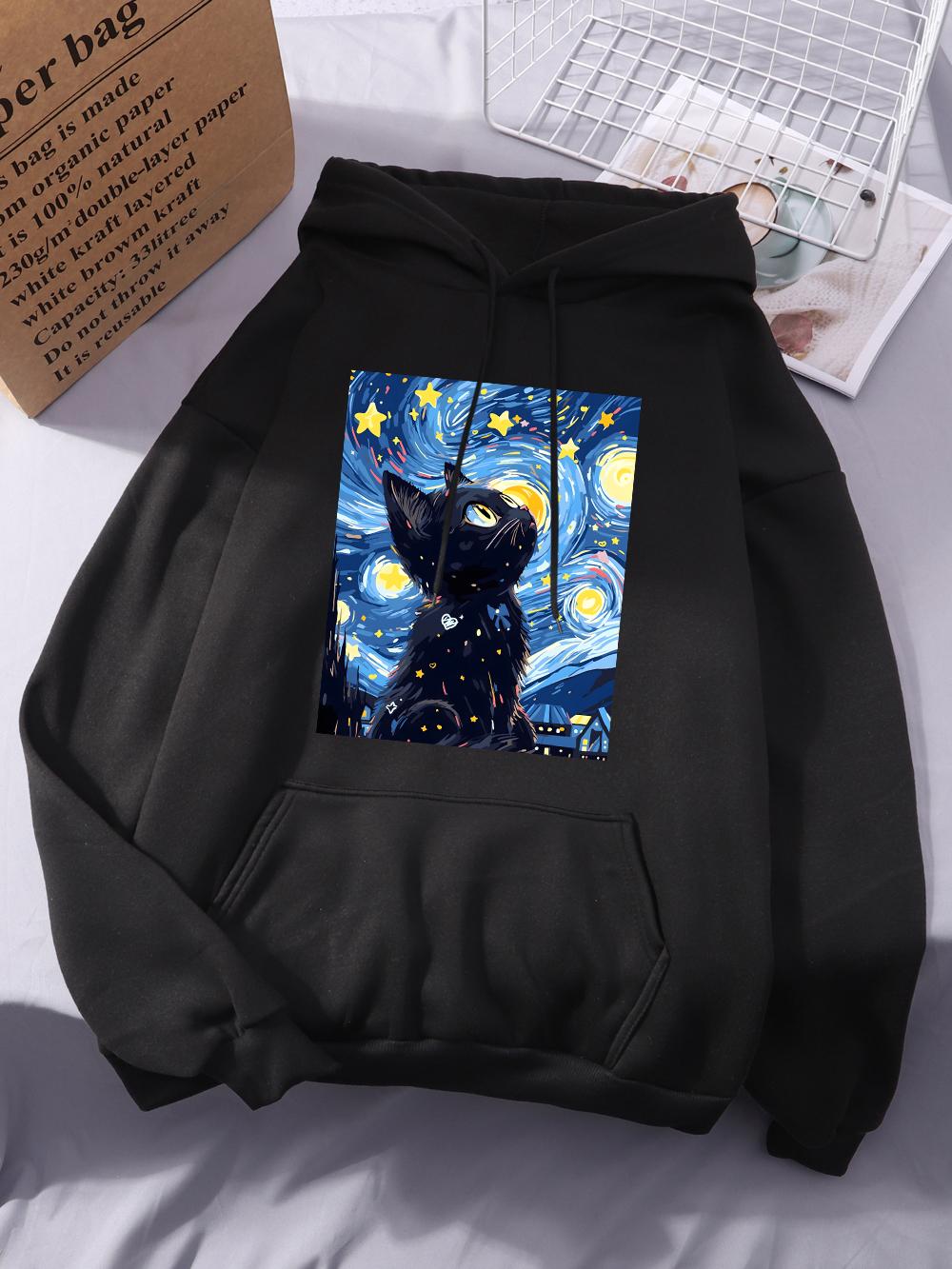 

Van Gogh S Starry Cat Printing Hoodies Women Basics Sporty Hoody Fleece Warm Soft Sweatshirt Casual Pocket Womans Sportswear 2XL