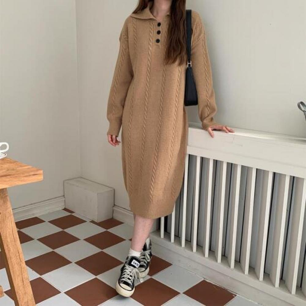 New ArrivalS Open Run Autumn Women S Cable Knit Big Collar Wool Long dreSS