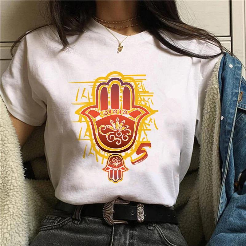 Hamasa Hand der Fatima Print Damen T-Shirts Lucky Hamsa Hand Harajuku Unisex T-Shirts Sommer Kurzarm Schwarzes Top Tees Weiblich