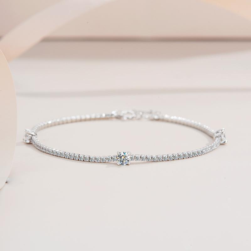 Sterling Silver S925 Mosang Diamond Bracelet with Three Diamonds and 30 Points Advanced Full Diamond Bracelet, Simple and Luxury