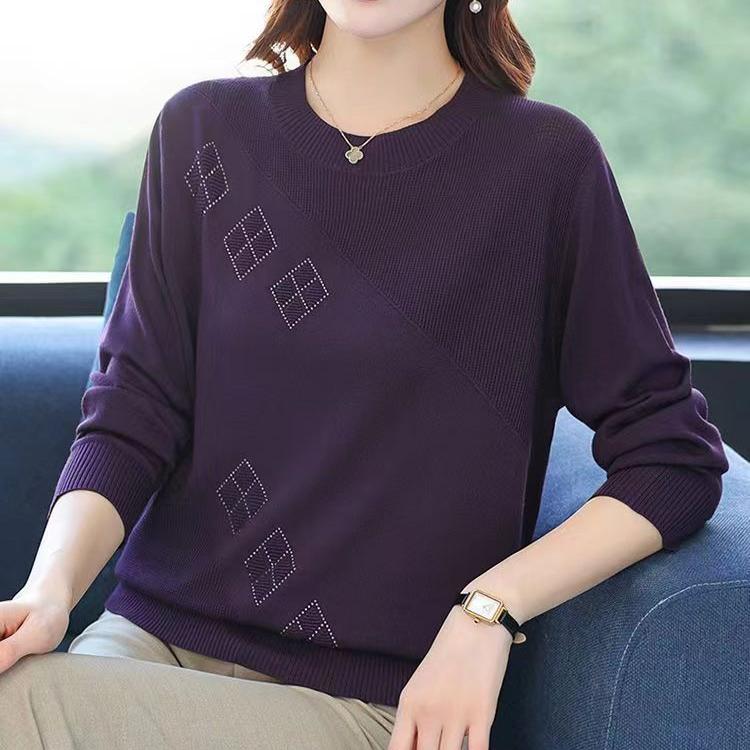 Fall Winter Women's Plus Size Sweater Long Sleeve Loose Crew Neck Knitwear Sweater Rhinestone Pullover Knit Top Stretch Jumper
