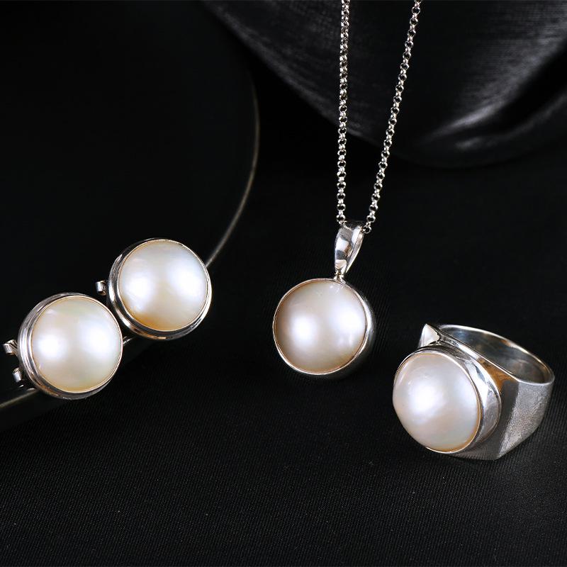 S925 Silver Natural Pearl Pendant Necklace: Mabe Pearl Bali Style