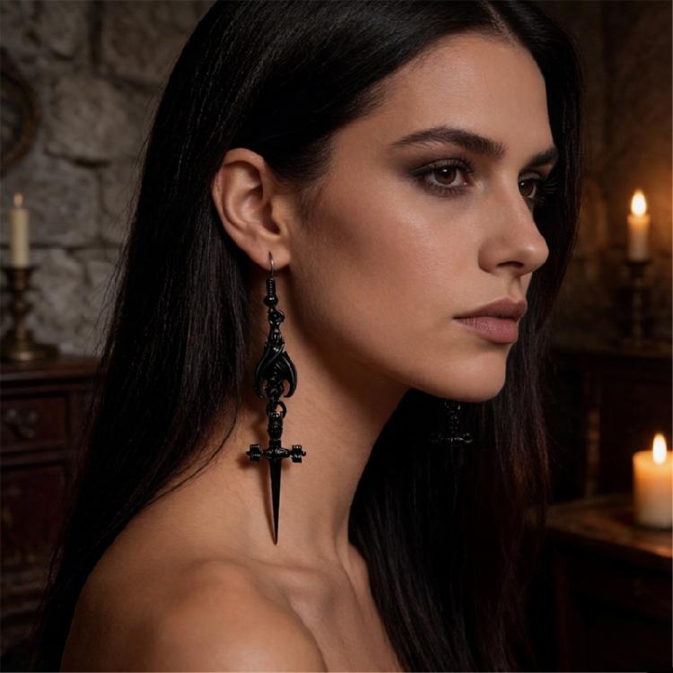 Fashionable Black Bat And Swords Earrings Punk Gothic Jewelry Fashion Accessory For Role Play Costume