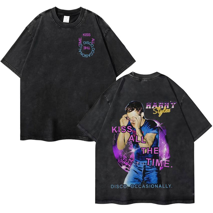Harry Styles Küsst Immer Disco Gelegentlich Tour Hochwertig Vintage Gewaschen Rundhals T-Shirt Fan Geschenk Unisex Baumwoll-T-Shirt