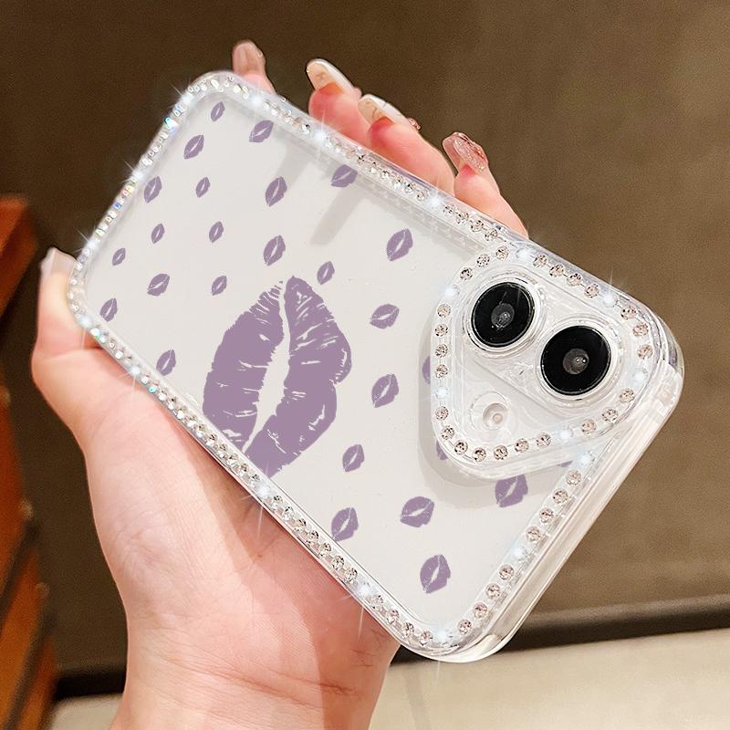Red Lips Print Phone Clear Anti-Fall Case Shell For iPhone 16 Pro Max 16E 15 14 Pro 13 12 11 Diamond Frame Soft Silicone Shockproof Phone Cover