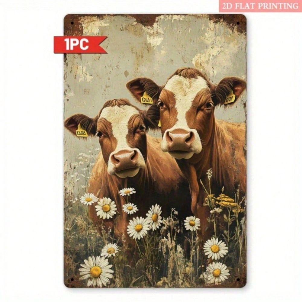 

Metal Poster Cow with Daisy Wall Art for Living Room