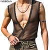 Men Deep V Neck Sleeveless Crochet Hem Stitching Mesh Tank Tops