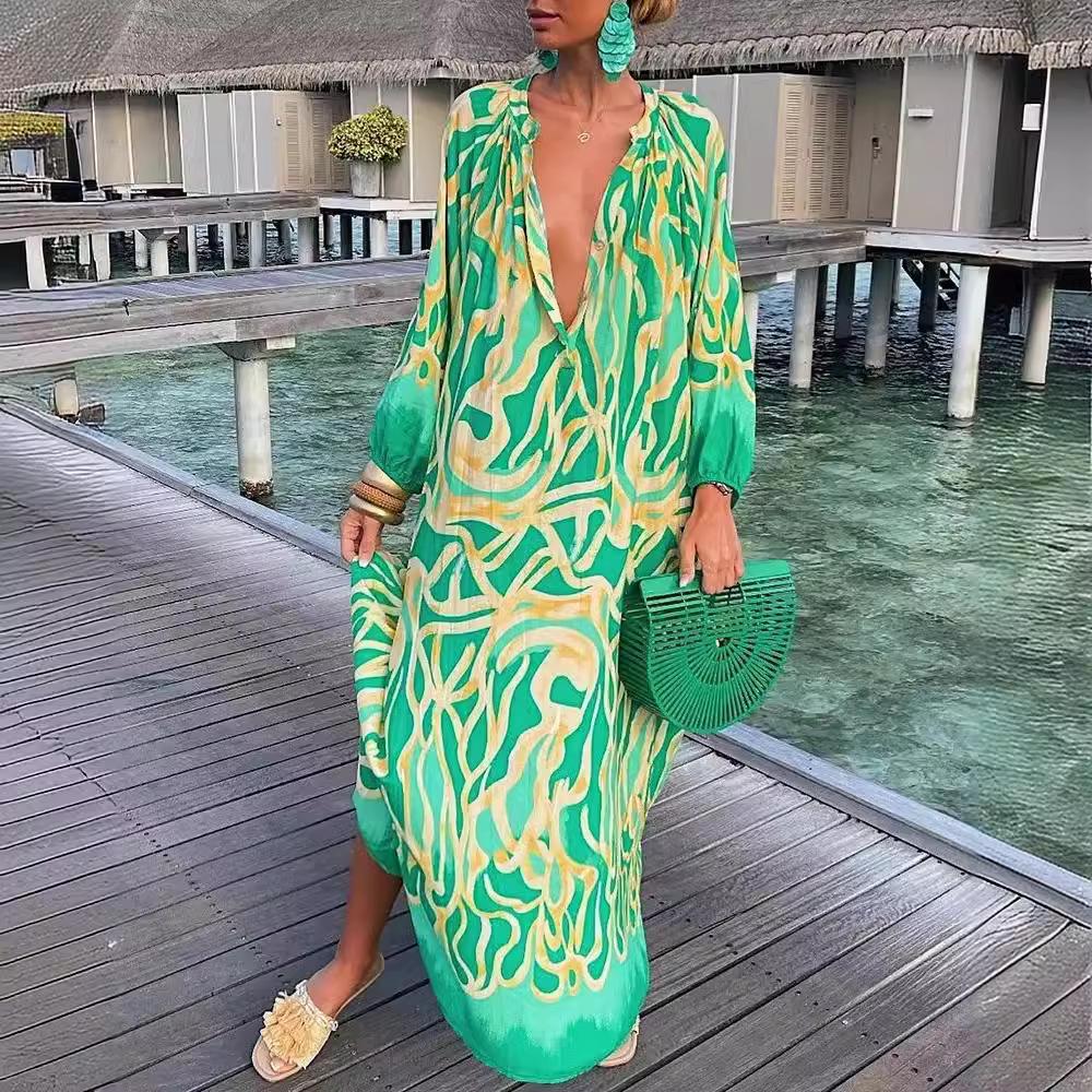 2022 Autumn V-neck Long Sleeve Print Dress for Women