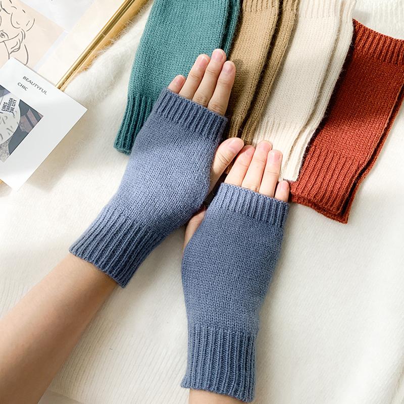 1Pair Warm Gloves Soft Acrylic Fiber Long Solid Color Winter Fingerless Warmer Mittens Women