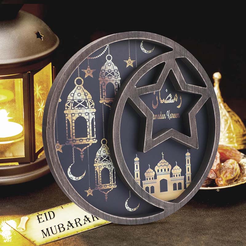Ramadan Moon Star Serving Tray - Eid Cupcake Candy Plates Mubarak Religious Painting for Family Party Wooden Decorations