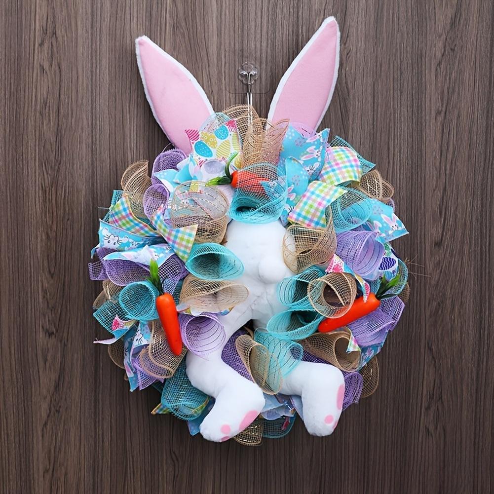 Easter Themed Bunny Door Wreath with Handmade Ribbon and Decorative Rabbit Bottom Design Colorful Hanging Decor