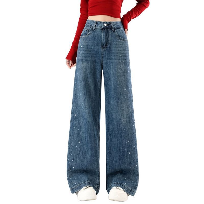 Spring Summer Full Star Rhinestone Vintage Blue Straight Wide Leg Denim Pants For Ladies Casual Pants Oversize Denim Trousers