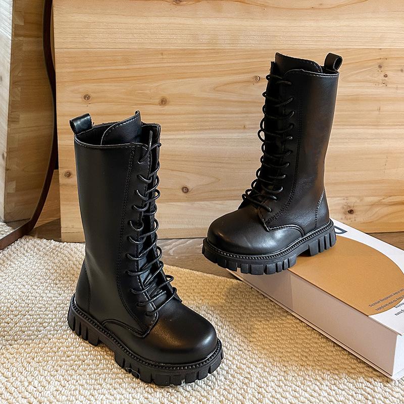 Girls' 2025 Autumn/Winter Leather High-Top Martin Boots for Medium/Large Children