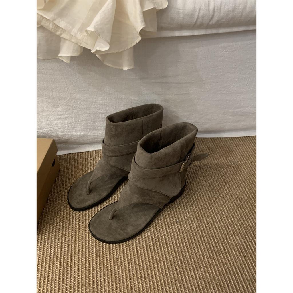 French Roman casual toe sandals women's summer new soft leather fashion belt buckle flat bottom hollow cool boots