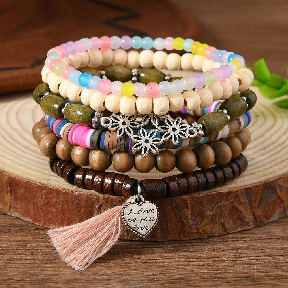 Boho Beaded Stack Bracelet Set, Multi-Layer Wood & Turquoise Bead Bracelet for Women, Bohemian Casual Beach Jewelry