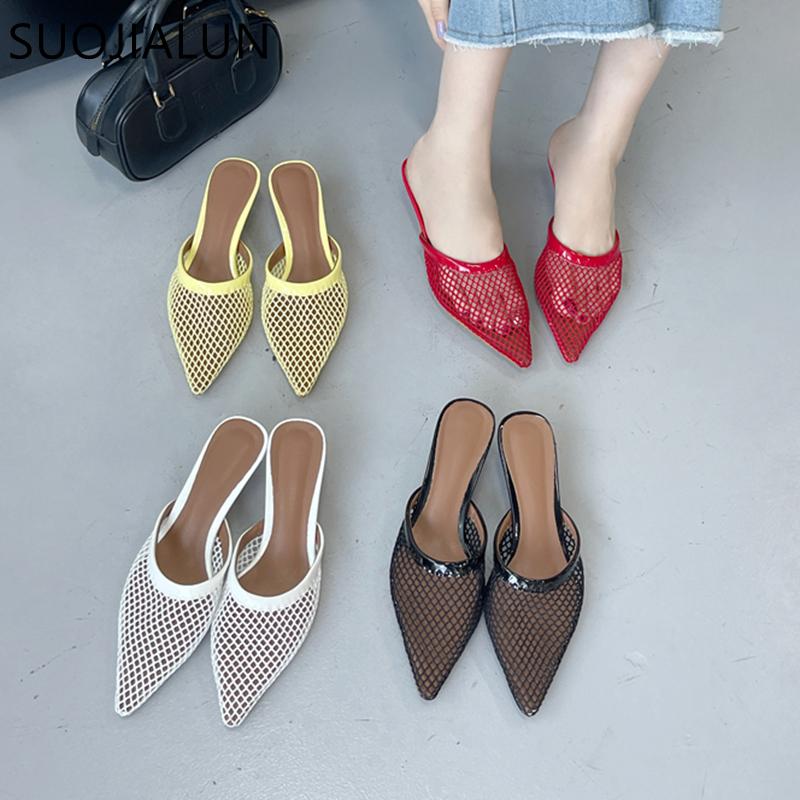 Fashion SUOJIALUN Women Slipper Fashion Pointed Toe Slip On Ladies Elegant Mesh Mules Shoes Thin High Heel Outdoor Sandal Big Size 41