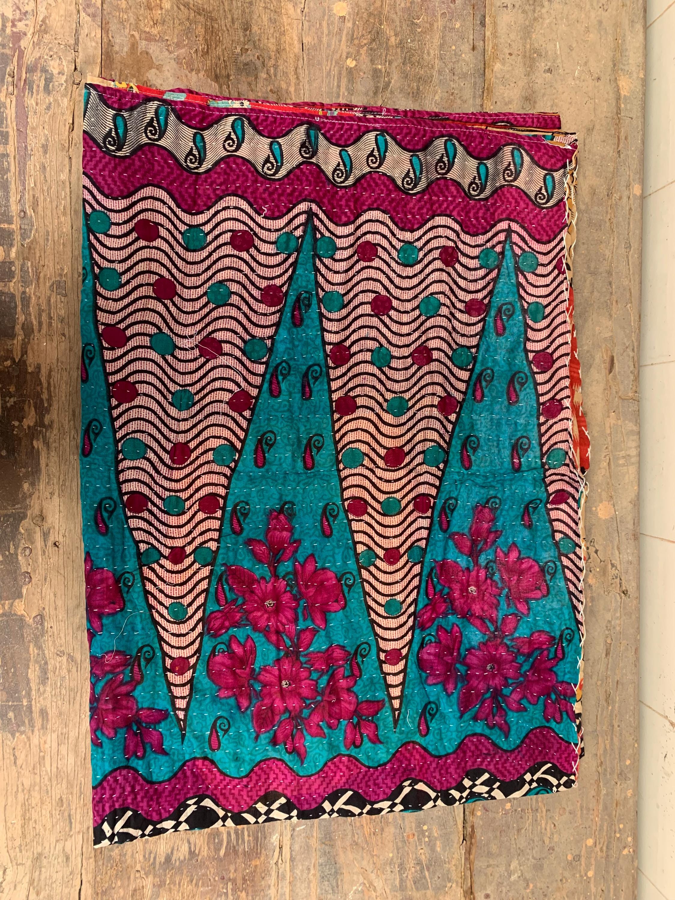 

Vintage Kantha Quilt: Hand-Stitched Floral Patchwork Sari Throw 80X 50