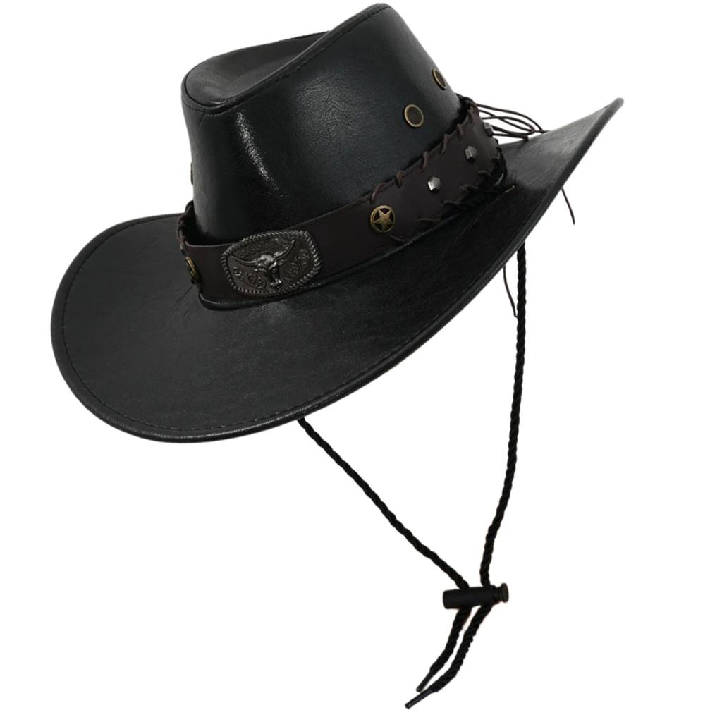 Large Brims Western Hat PU Leather Top Hat with Bull Head Belt for Costume Parties Halloween Dressingup Props Headwear