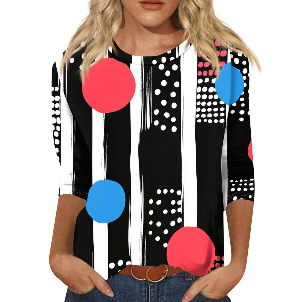 Women's Fashion Casual Seven Sleeve Printed Round Neck T-Shirt Top