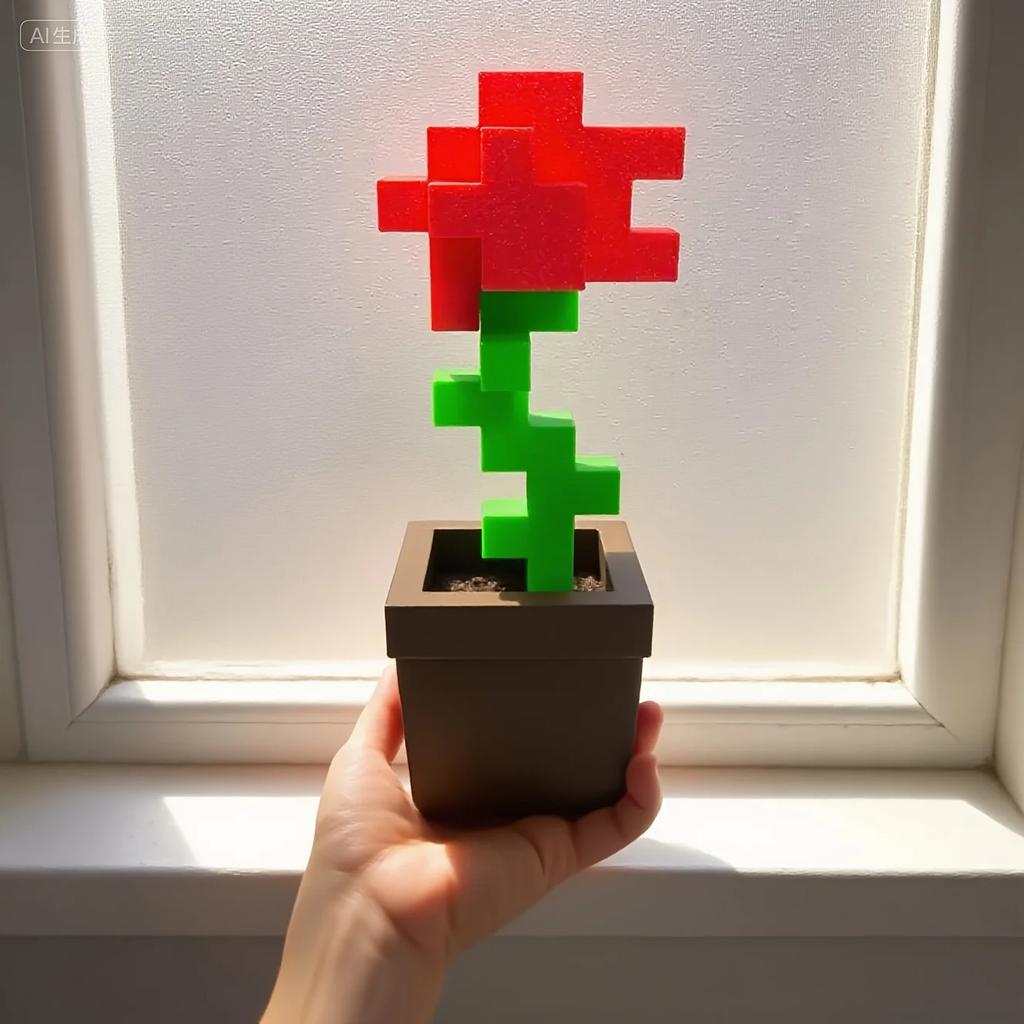 2pcs Pixel Rose Flower Ornament, 3D Printed Unique Flower Decoration, Plastic Flower Item Suitable for Bedside Table, Desktop