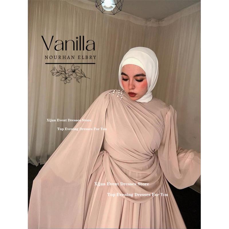 Xijun Elegant Chiffon Long Evening Dresses O-Neck Full Sleeves Prom Dress A-Line Modest Dubai Prom Gown Floor Length Customized