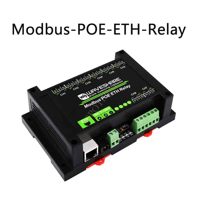 Industrial Grade 8-Ch Ethernet Relay Module Ethernet PoE Port Communication Modbus Protocol PoE Power Supply Waveshare