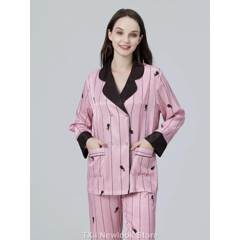 

Новый стиль домашней одежды, женская весенне-осенняя двубортная пижама с длинными рукавами и цветочным узором в виде бокала для вина, розового цвета XL