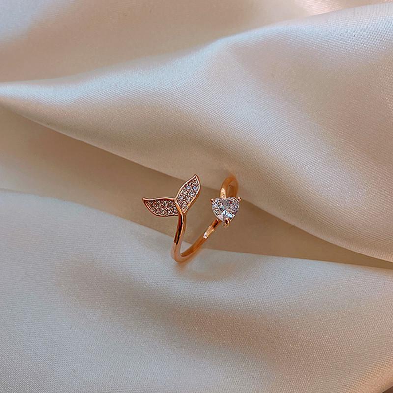 Copper Inlaid Zirconia Gold-Plated Open Fishtail Ring for Women, Adjustable Korean Minimalist Style Adjustable Open Size