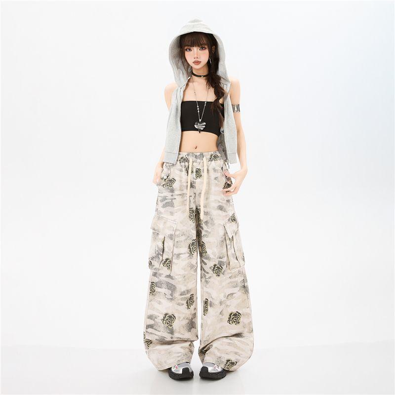 Spring Summer Pure Cotton Digital Print Vintage Elastic Waist Relaxed Wide Leg Cargo Denim Pants For Ladies Casual Pants Oversize Denim Trousers