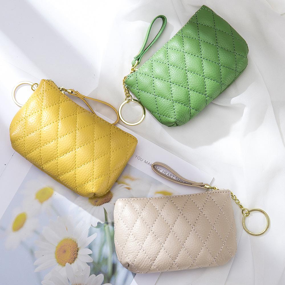 Rhombus embroidered change bag, coin storage bag, cowhide mini simple zipper small bag, key bag for women