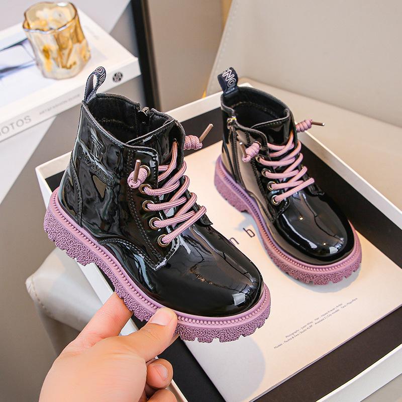 Girls' Patent Leather Ankle Boots - Autumn/Winter Plus Velvet, Zipper Design, Sequin Accents, Suitable for Middle To Big Kids and Babies