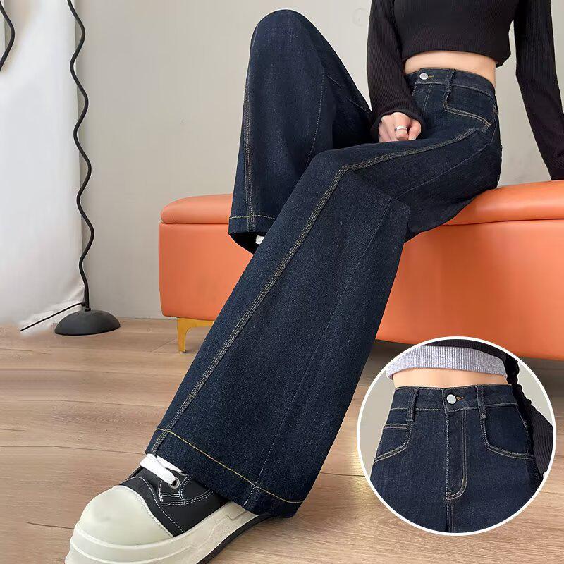 Women s Dark Blue High-Waisted Wide-Leg Jeans with Contrast Stitching - Autumn/Winter 2025 L