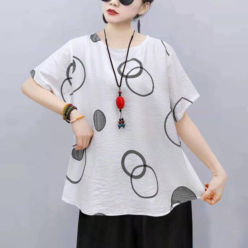 Chinese Women's Chinese Style T-shirt Long-sleeved Loose Cotton Short-sleeved Summer Blouse Ethnic Style