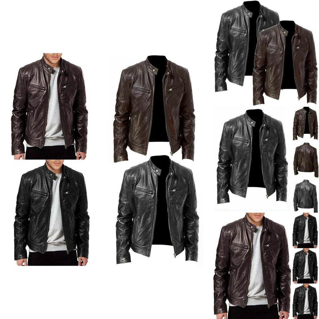 Klassische Herren-Kunstlederjacke mit Stehkragen für einen eleganten Motorrad-Biker-Look