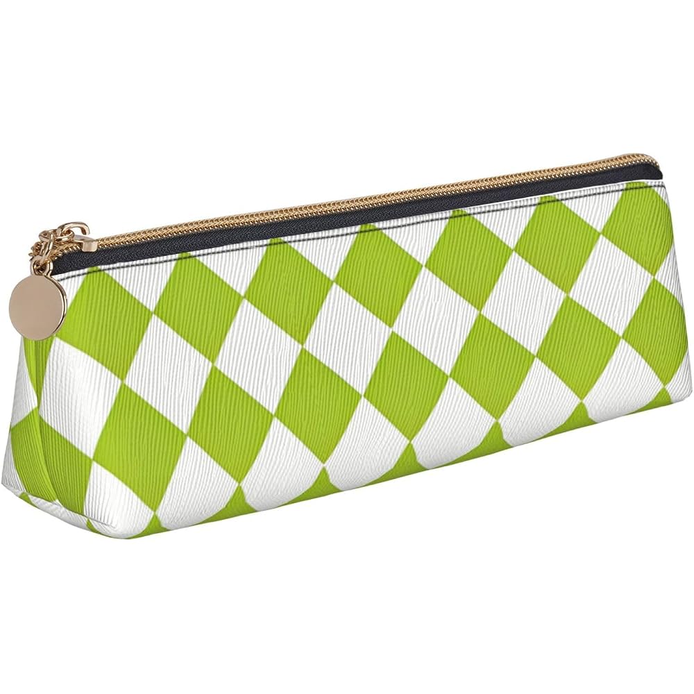 Green and White Checkered Plaid Japanese Pattern Pen Case Pencil Case Pu Leather Large Capacity T...