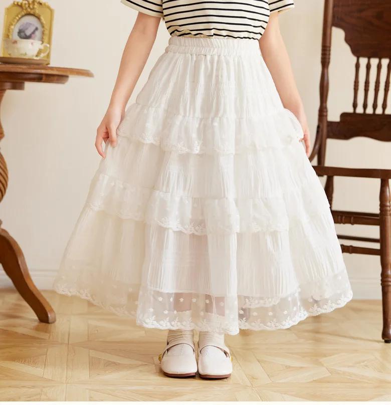 School Stylish Girls Princess Tiered Skirt Summer Long Lace Dress Elegant White Party Skirt for Little Girls (Toddler To Kids)