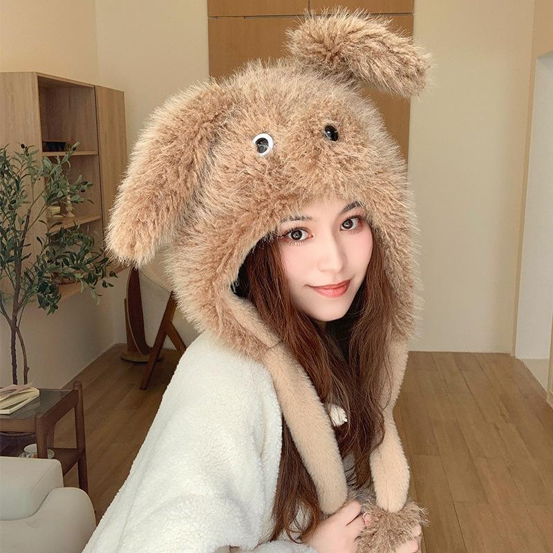 New Thickened Hairy Puppy Can Move Ears Hat for Women's Winter Warmth Lei Feng Hat Ear Protection Head Hat