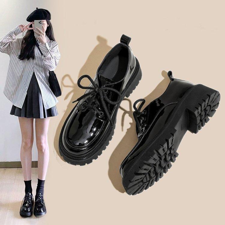 

Платформенные маленькие кожаные туфли женские из натуральной кожи, университетские универсальные на шнуровке, форменные одинарные туфли на толстом каблуке из лакированной кожи 35